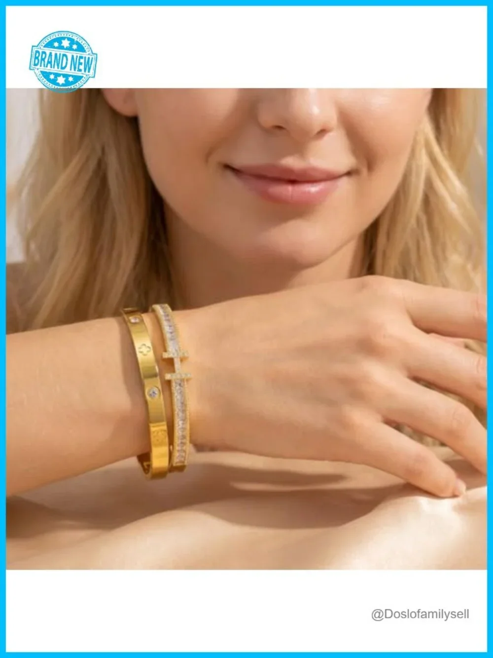 18K Gold Plated Cubic Zirconia Bangle Bracelet Set, Stackable H & Love Bangles